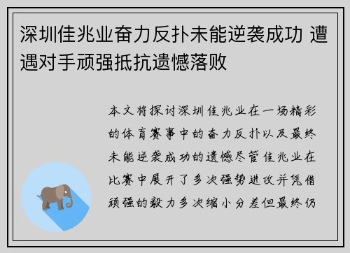 深圳佳兆业奋力反扑未能逆袭成功 遭遇对手顽强抵抗遗憾落败