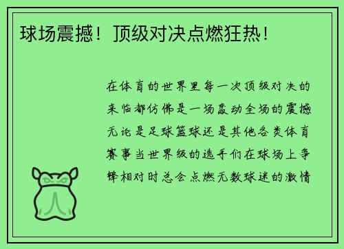 球场震撼！顶级对决点燃狂热！