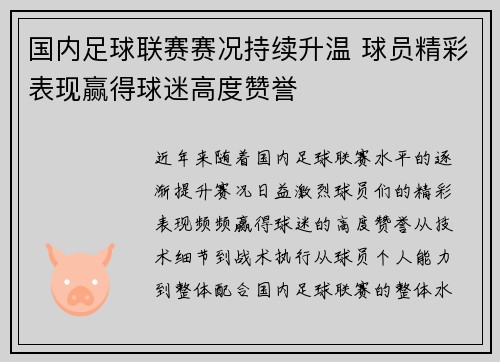 国内足球联赛赛况持续升温 球员精彩表现赢得球迷高度赞誉